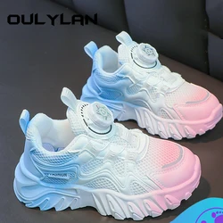 Children Sports Shoes for Girls Colorful Fashoin Sneakers 2024 Spring/summer Kids White Shoes Rotating Button Mesh Running Shoes