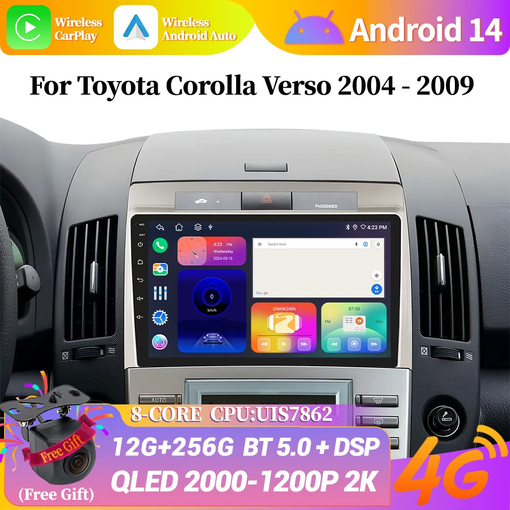 

Wireless Bluetooth Carplay Stereo Screen Car Radio Multimedia Navigation WIFI Android 14 For Toyota Corolla Verso 2004-2009