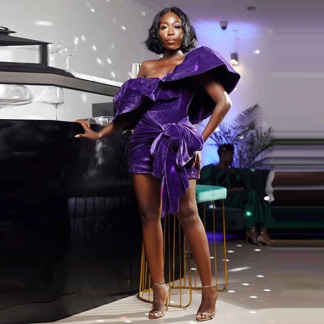 Abiti da Cocktail corti in velluto viola abiti da cerimonia per ragazze nere con fiocco sulla spalla abito da ballo a sirena Aso Ebi AliExpress