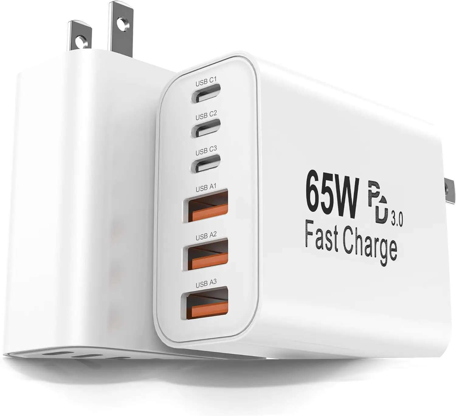 

65-ваттное 6-портовое быстрое зарядное устройство для розетки, 3 порта USB-C PD и 3 порта USB-A QC 3.0, компактный адаптер для iPhone, Samsung, Google и других устройств