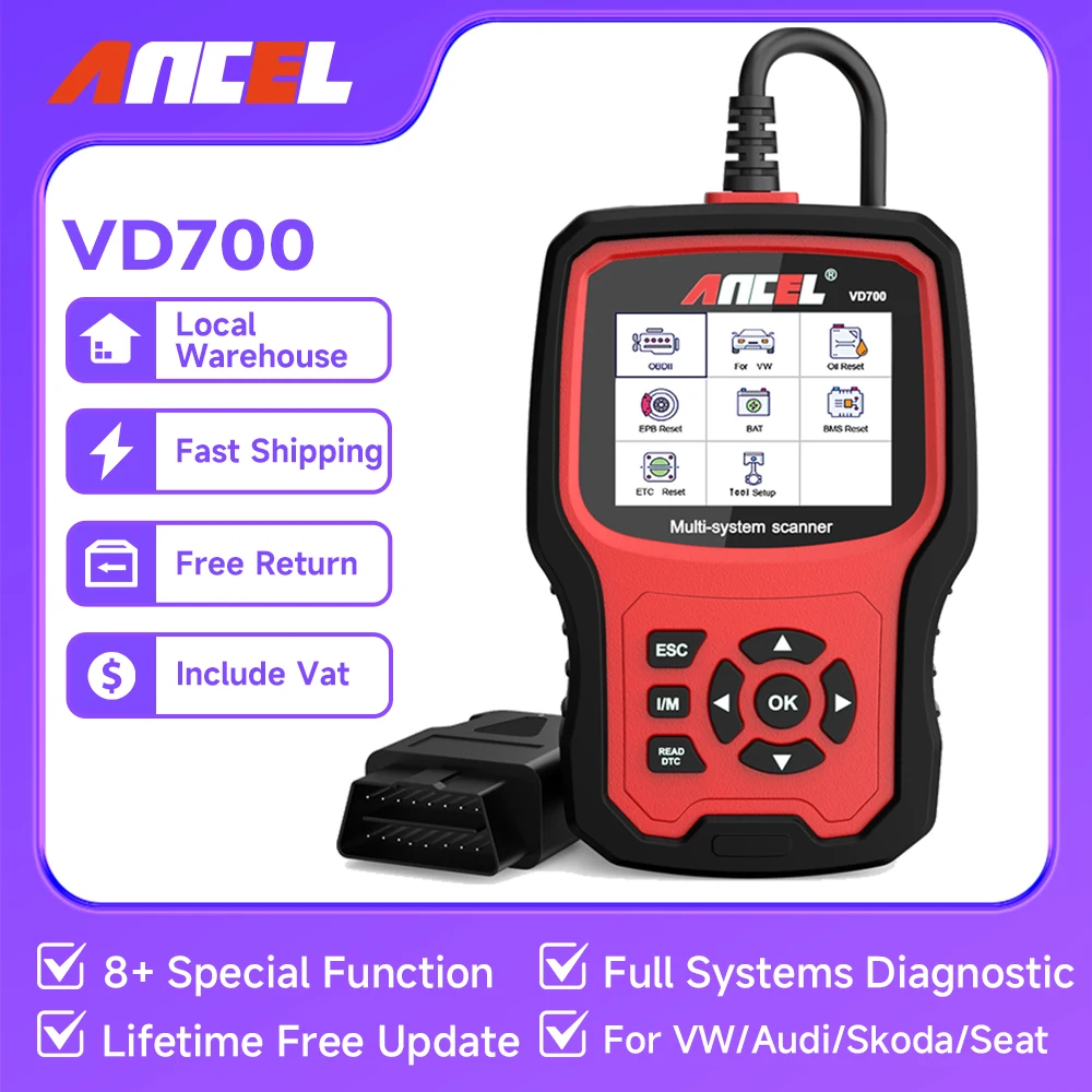 

Ancel VD700 OBD2 Scanner Engine Code Reader Full System Diagnostic Scan Tools EPB ABS TPMS Oil Reset for VW Audi Skoda Seat