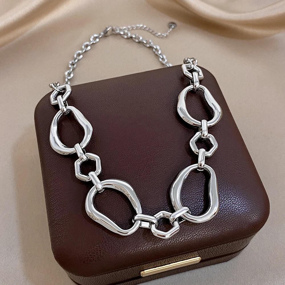 Irregular Geometric Circle Chain Necklaces for Women Fashion Gold Silver Color Stainless Steel Necklace Waterproof Jewelry view 2