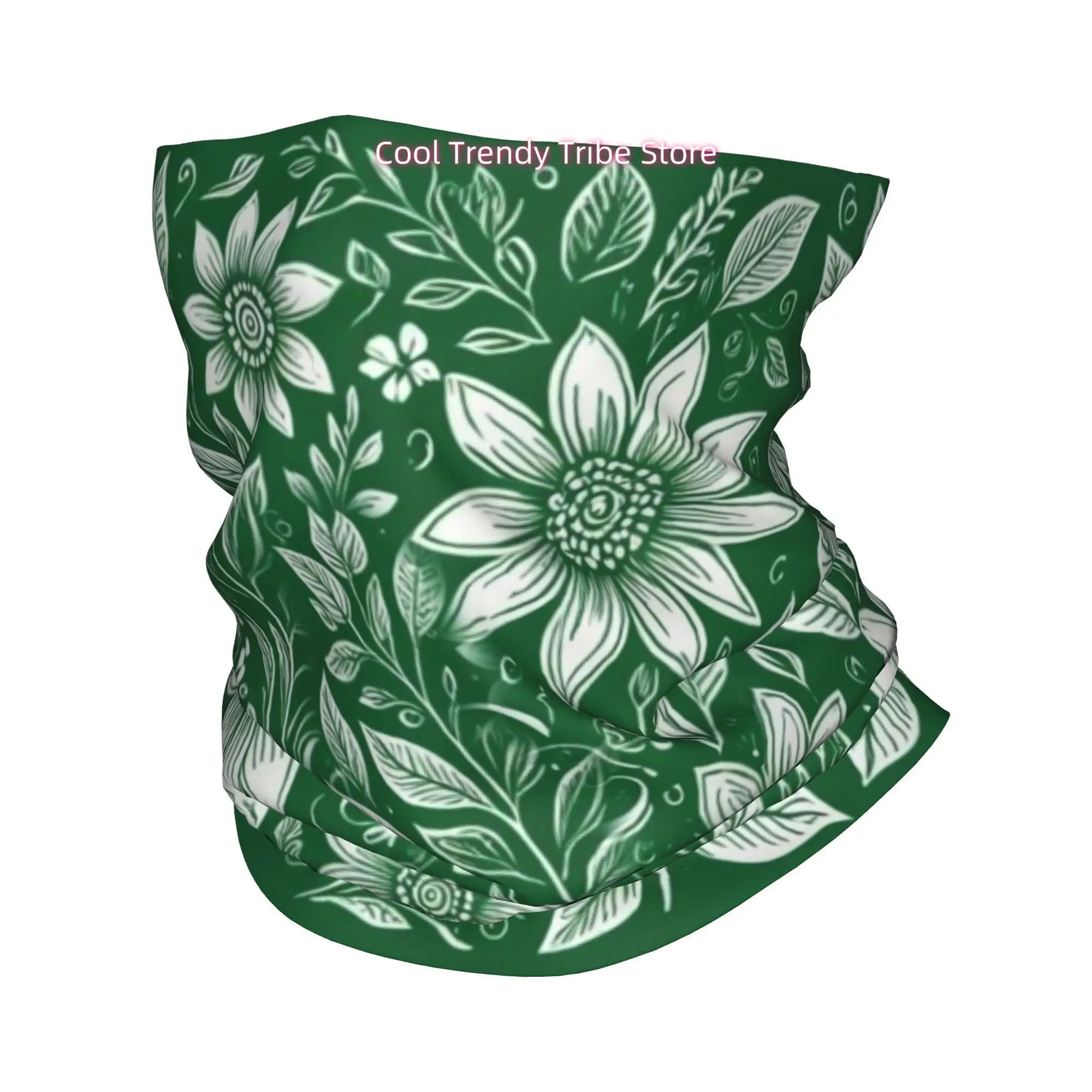 Dark Green Background White Retro Flower Line Art Fresh Folk Style Novelty Head Scarf Bandana for Women Boho Floral Hair Wrap Su