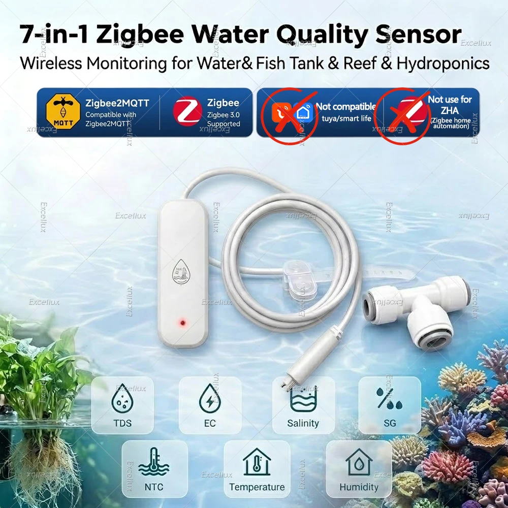 Zigbee 7-in-1 Wasserqualitätstester-Sonde Temp/TDS/EC/SG/Salzgehaltsmessgerät Temperatur- und Feuchtigkeitssensor für Aquarien Hydroponik Z2M