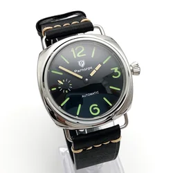 44MM Casual Fashion Black dial luminous 17 jewels caliber 6497 movement manual mechanical men's watch leather strap