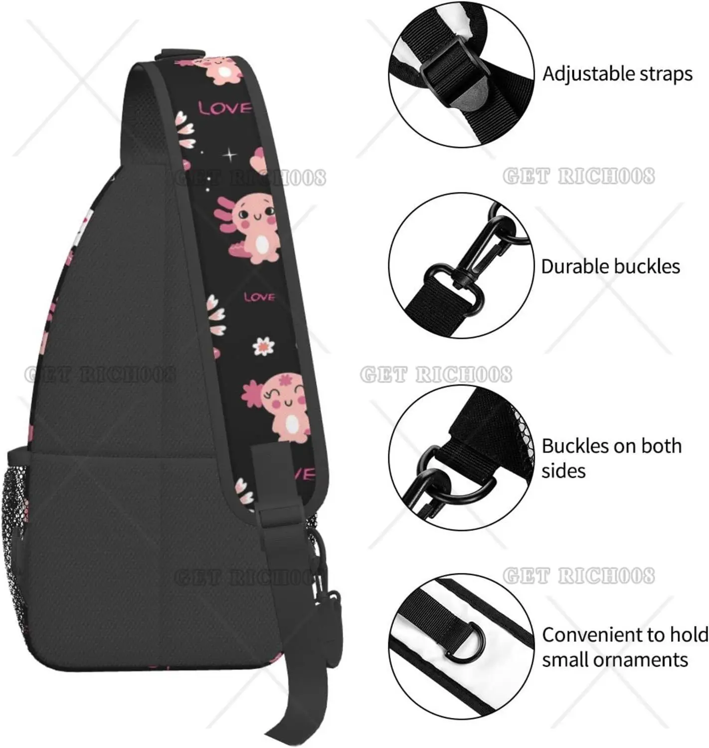 Cute Animal Axolotl Sling Bag Crossbody Backpack Hiking Travel Daypack Chest Bag Lekka torba na ramię dla kobiet mężczyzn na co dzień