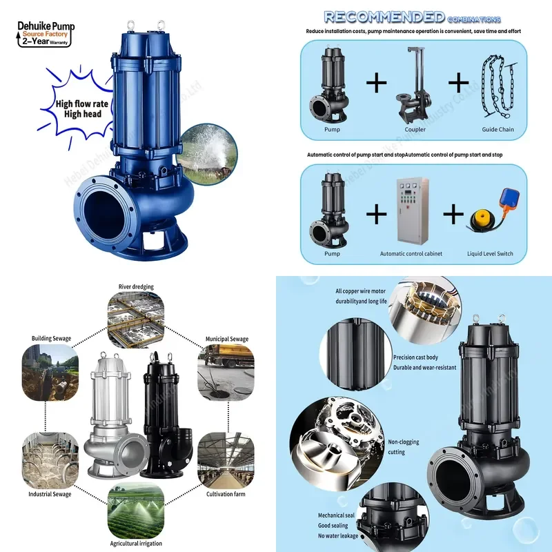 DEHUIKE High Head 1.5 -280 5.5KW/7.5 KW/15 KW/30 KW/45 kW Submersible Sewage Superior Industrial Cutting