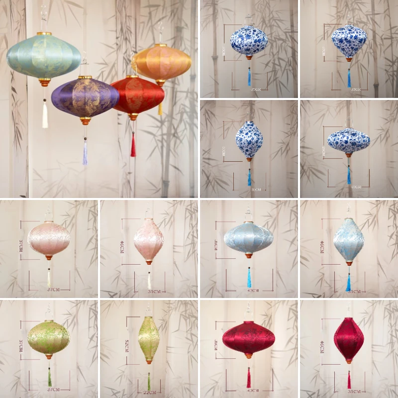 Chinese Style Fabric Hanging Lantern with Tassel Gilt Auspicious Pattern Vintage Ornament for Wedding Party Home New Year Decor