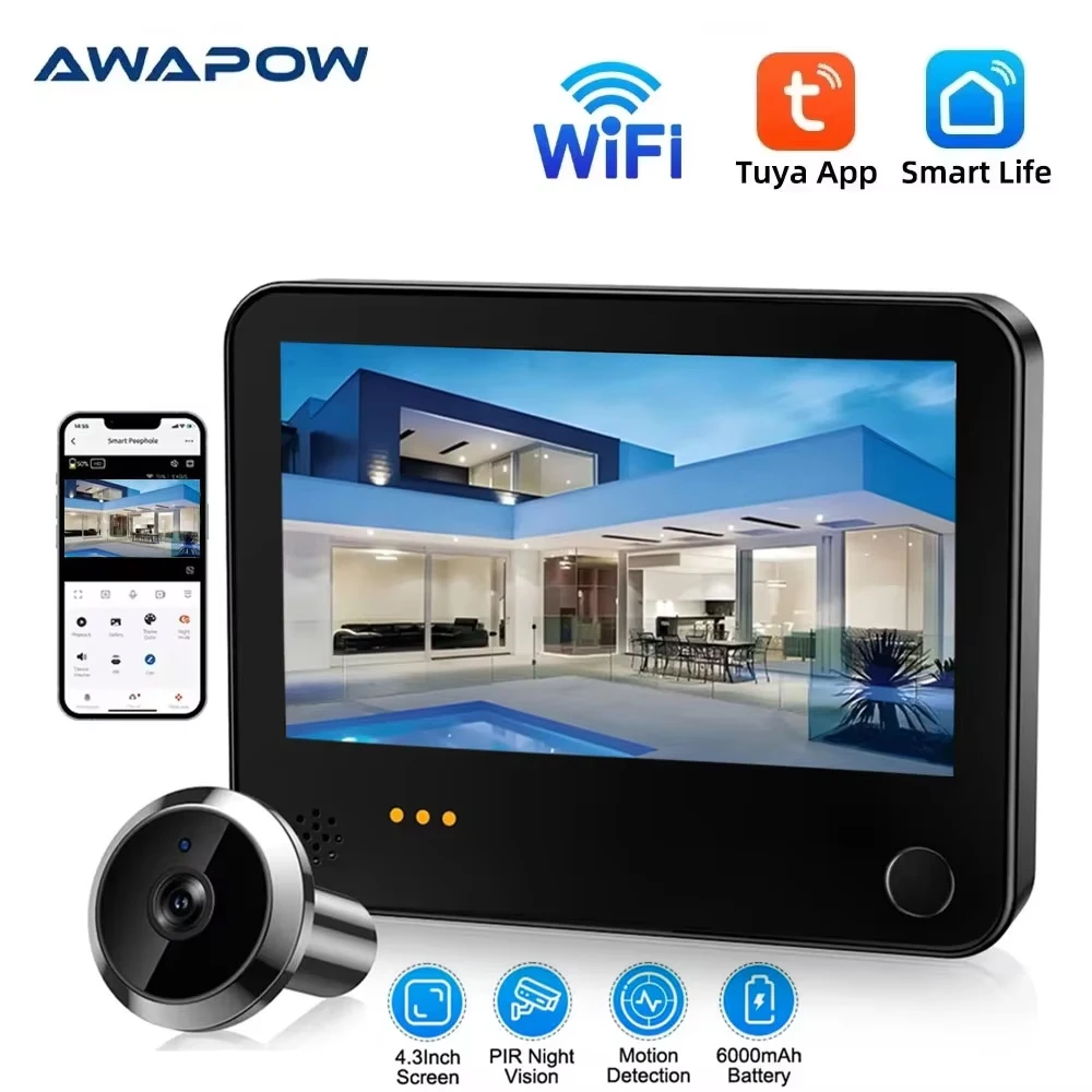 

Awapow Tuya WiFi Surveillance Door Camera Visual Intercom Digital Doorbell Camera PIR Motion Detection Wireless Video Door Bell