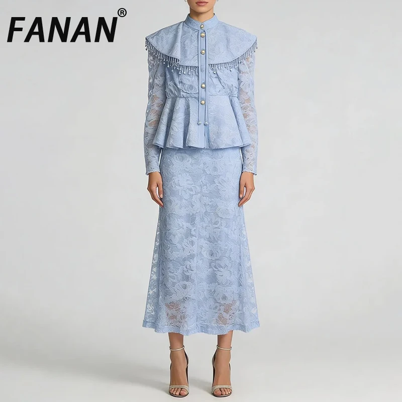

FANAN Spliced Appliques Two Piece Sets For Women O Neck Long Sleeves Patchwork Tassel Top High Waist Skirt Set Female New