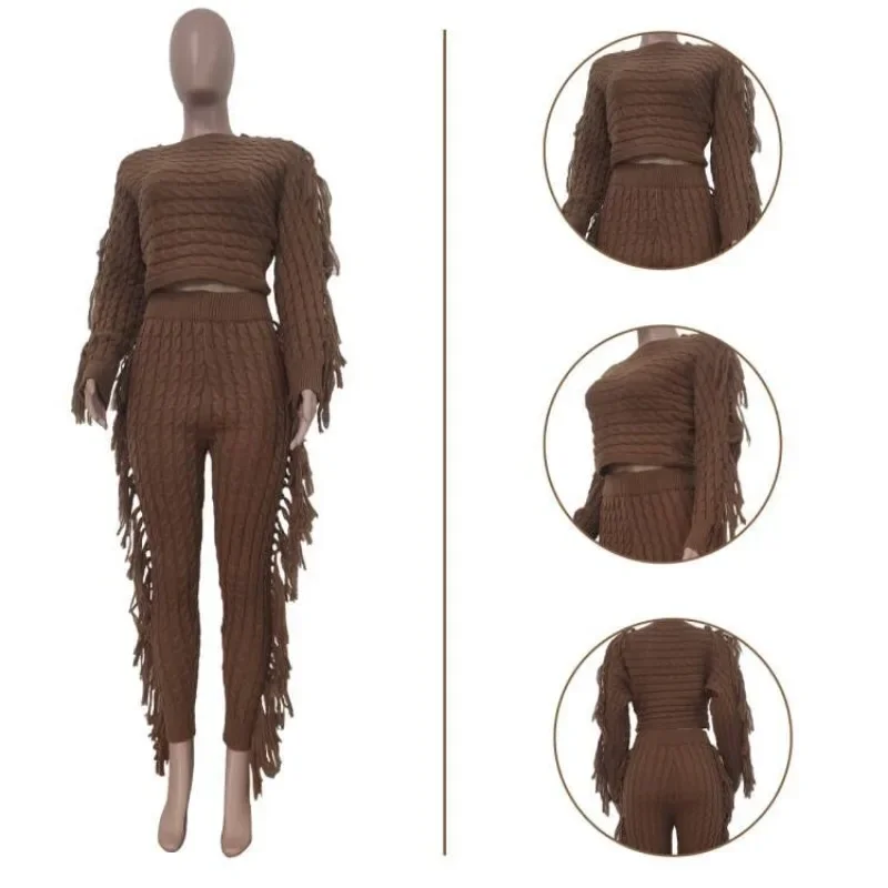 Women Solid Tassel Fried Dough Twists Knitting 2 Piece Set Long Sleeve Pullovers Sweaters Crop Tops + Pencil Pants Casual Suits