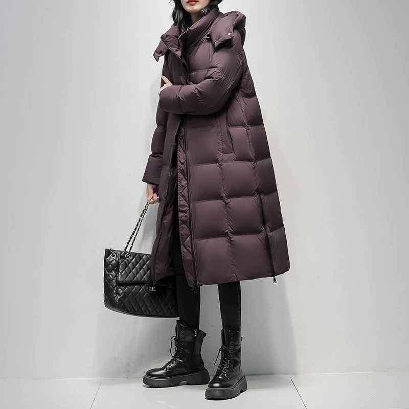سترة شتوية للنساء 2026 النسخة الكورية الجديدة 90% معاطف بطة بيضاء أسفل مع قلنسوة معطف طويل مقاوم للرياح ومضاد للمطر