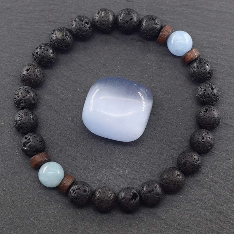 Natural Aquamarine Quartz Beads Bracelet Women Men Natural Volcanic Lava Bangle Tibetan Buddha Wristband Jewelry Gift for Lover