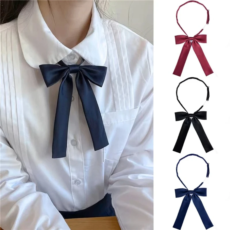 Fashion Solid Color Satin Bowtie Long Bow Tie Bowknot for Japanese School Uniform Graduation Photo Neck Wear Adjustable Strap