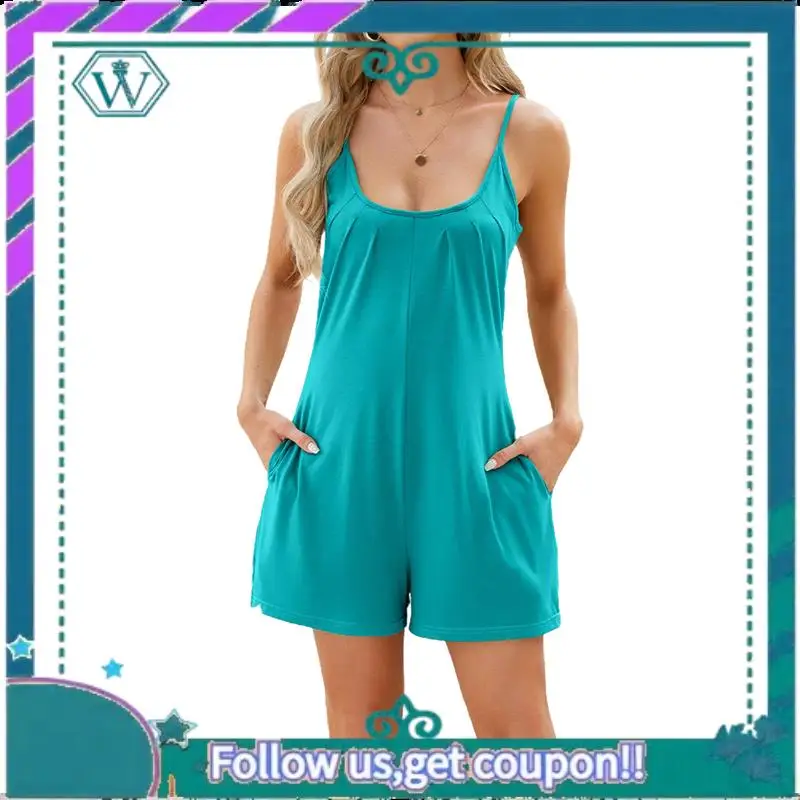 A09P женский летний комбинезон без рукавов, свободный регулируемый эластичный комбинезон на тонких бретельках с карманами