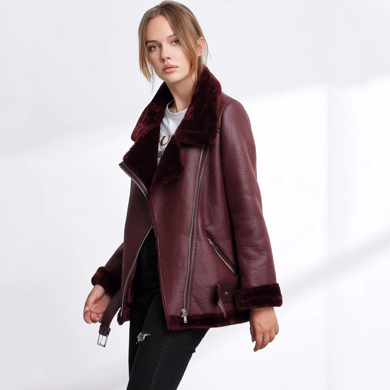 FTLZZ Autumn Winter Faux Soft Leather Women Faux Lamb Leather Jacket Coat Warm Fur Collar Motorcycle Black Punk Zipper Outerwear