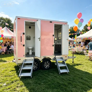 High‑end pink luxury portable restroom trailer double stall toilet trailer for wedding banquet lawn celebration commercial event