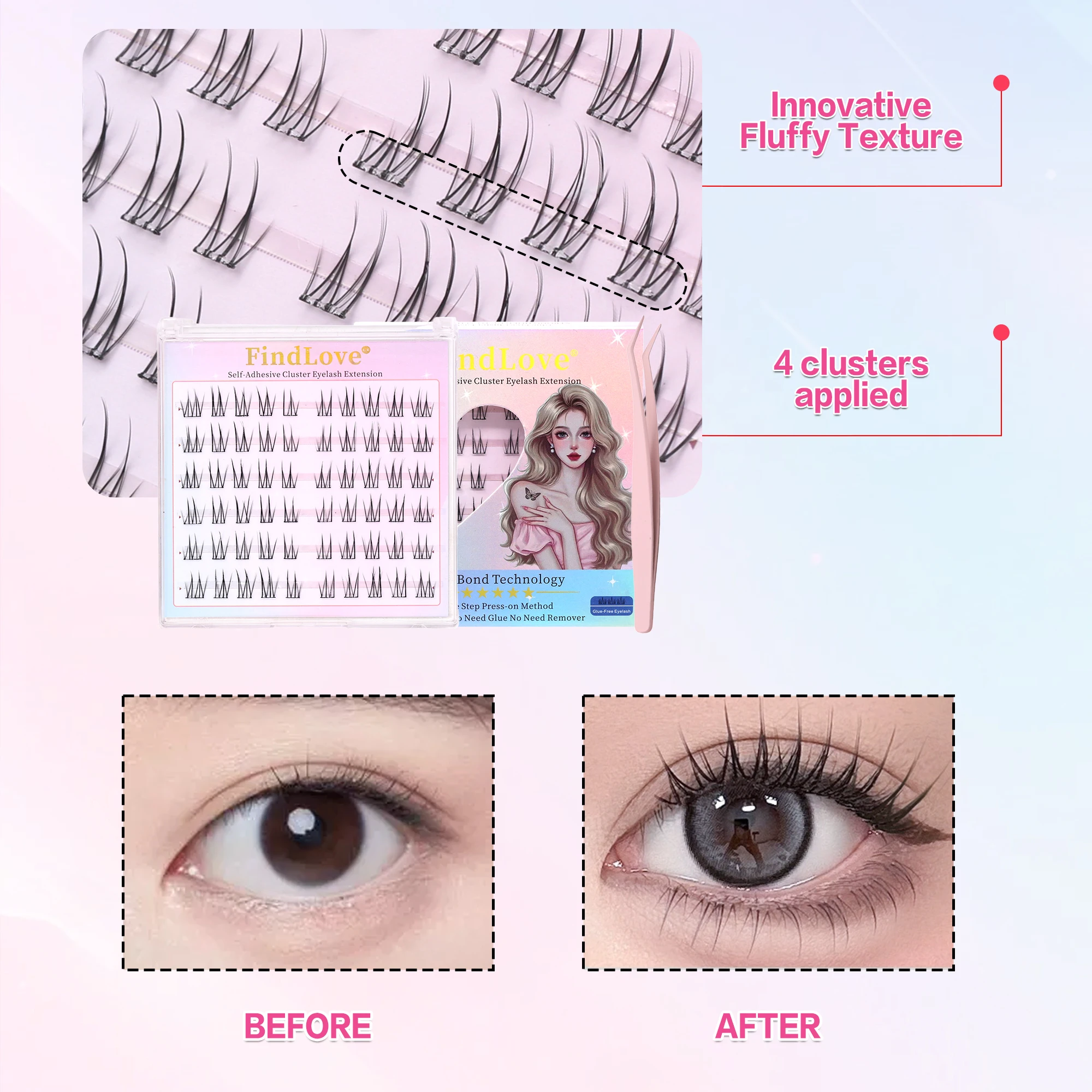 Findlove الكورية نمط قبل لصقها جلدة رموش ذاتية اللصق نظرة طبيعية رموش فردية لا الغراء اللازمة رمش ماكياج أداة