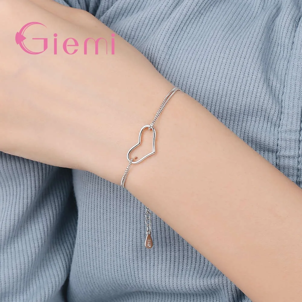 

Sweet 925 Sterling Silver Love Heart Metal Adjustable Bracelets & Bangles For Women Girls Wedding Party Fashion Jewelry Gifts