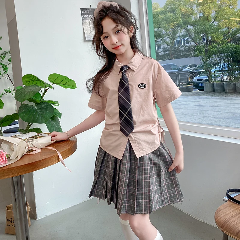 Japanese Korean Girls School Uniform Set Shirt +Pleated Skirt JK Cute Student Casual Plaid Skirt Uniform Children\'s Costume Suit