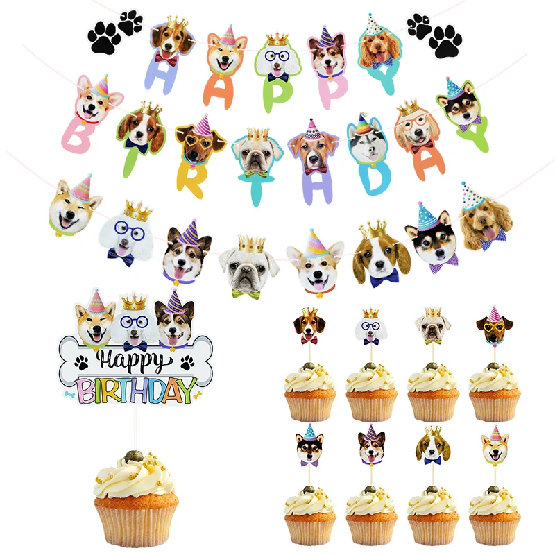 Cartoon Amimal Bunting Cat Dog Cake Topper Paper Garland Flag Kids Birthday Party Decoration Supplies Hanging Banner Pull Flower