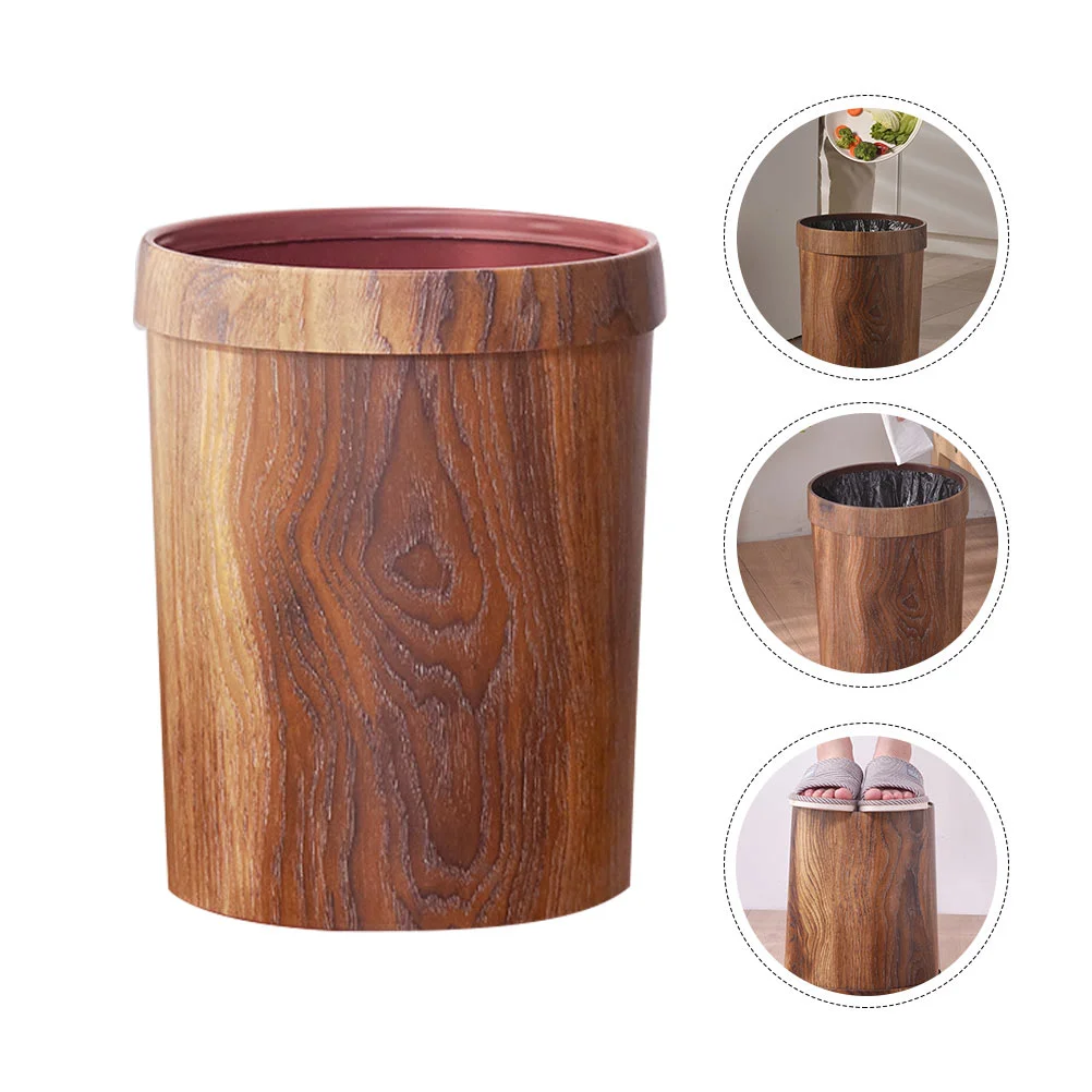 Wood Grain Trash Can Garbage Container Simple Basket with Lid Car Decor Rubbish Holder for Home Cover Uncovered Waste Bin