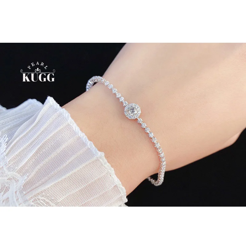 

KUGG 100% 18K White Gold Bracelet Shiny Round Shape Real Natural Diamond Bracelet for Women High Party Jewelry