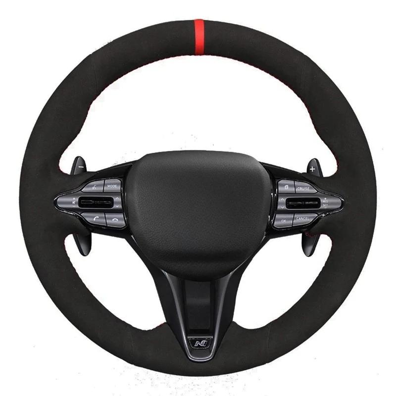 Car Steering Wheel Cover Hand-Stitched Soft Black Genuine Leather Suede For Hyundai i30 N 2018-2020 Veloster N 2019-2021