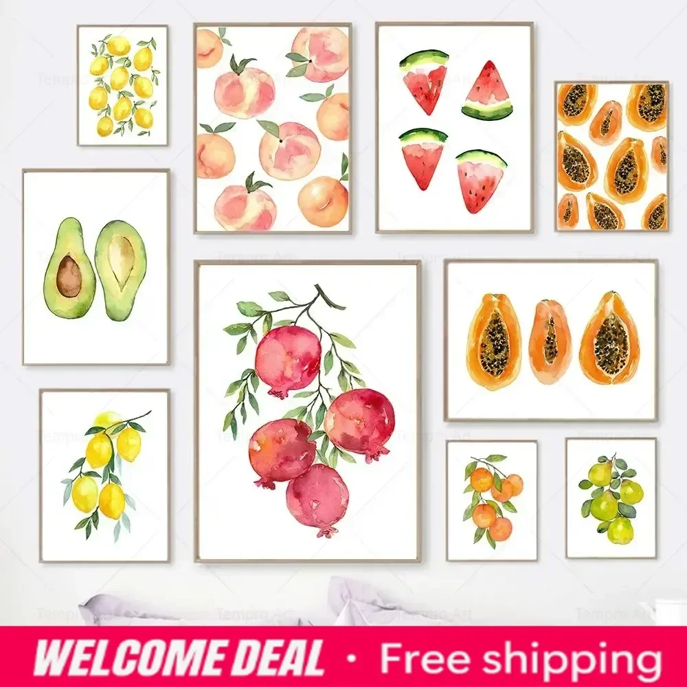 Fruit Poster Watercolor Avocado Lemon Watermelon Peach Papaya Wall Art Canvas Painting Nordic Prints Picture Kitchen Home Dec