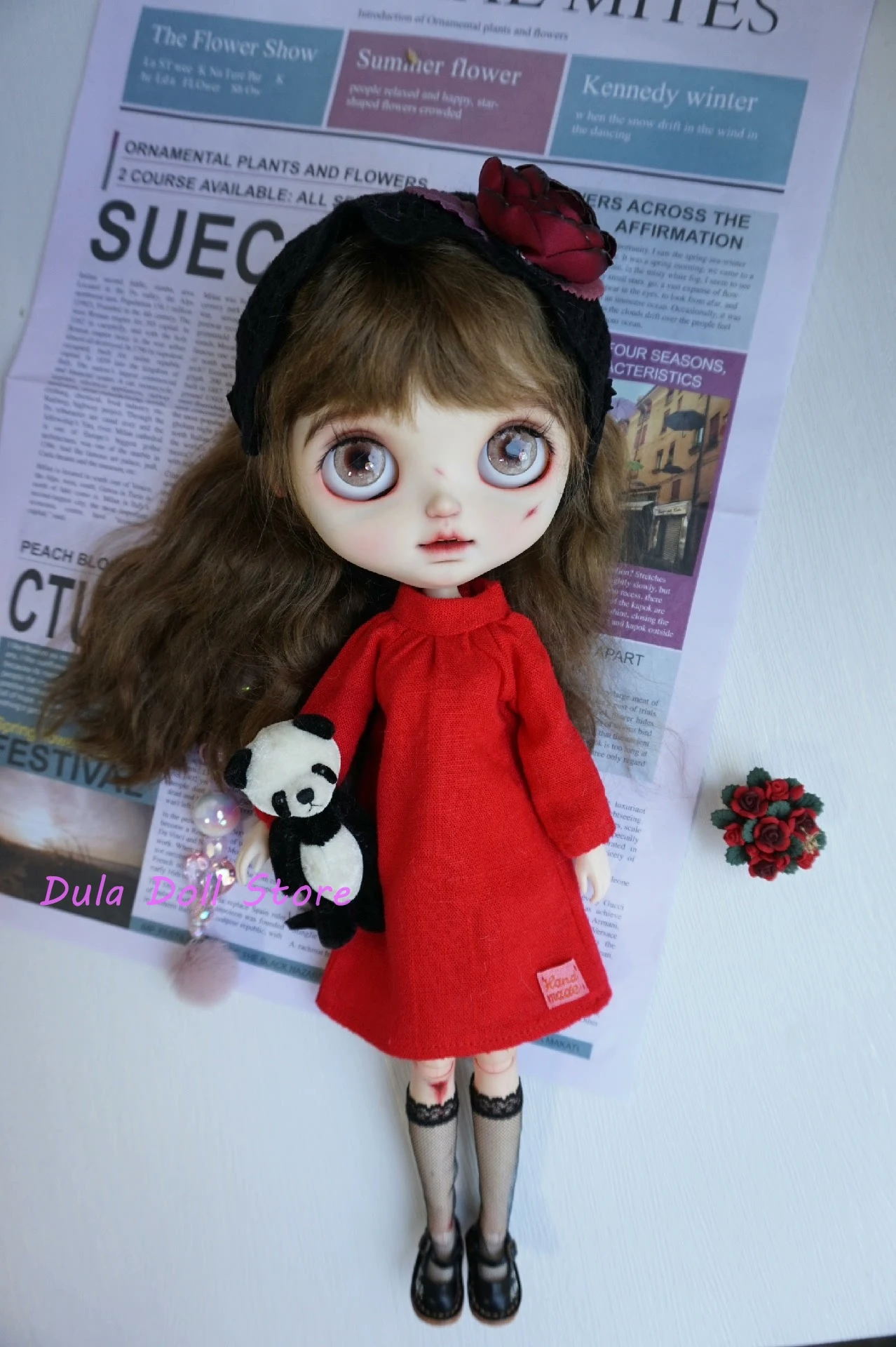 

Dula Doll Clothes dress Red cotton and linen skirt rose headband set for Blythe ob24 ob22 Licca JerryB 1/6 Doll