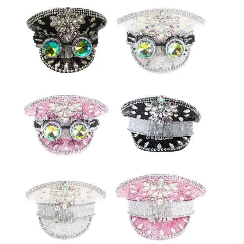 

L5YA Captain Hat with a Pair of Green Goggles Crystals Sequins Rivets for Disco House Masquerade Prom Bachelorette Party