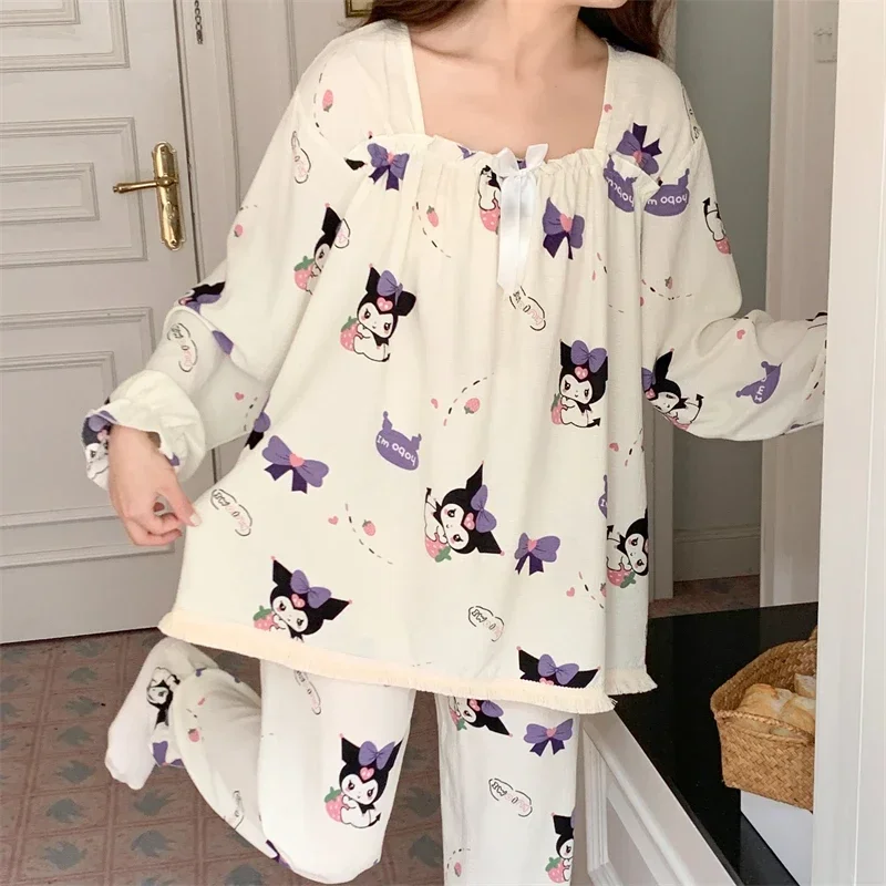 Sanrio Kulomi Autumn Cotton Women's Pajamas Long Sleeves Loose Cartoon Silk Pajamas Women's Loungewear Pajamas Pants Set