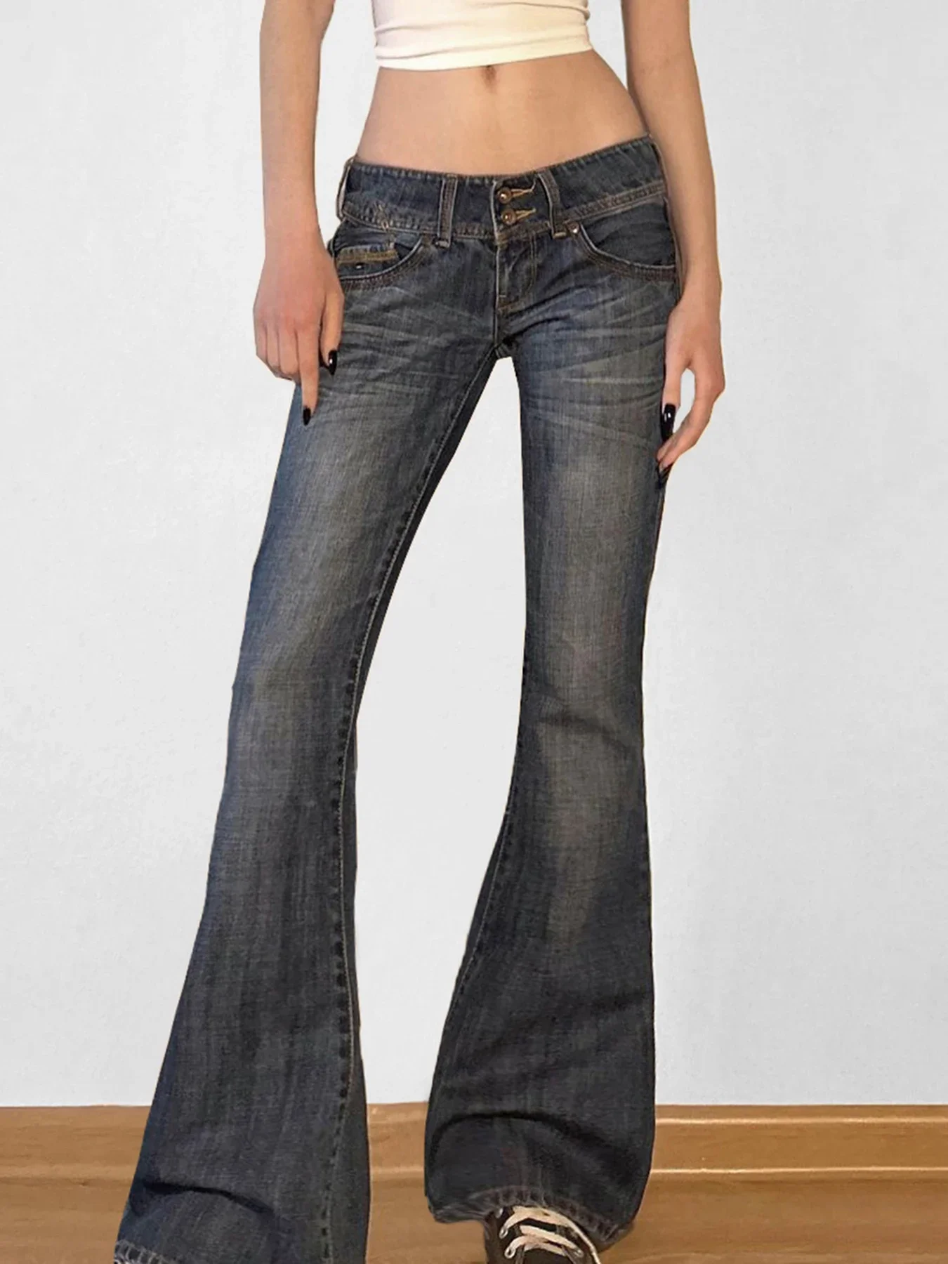 2025 Fashion Low Waisted Washed Flared Jeans Button Harajuku Aesthetic Pants Streetwear Basic Slim Pockets Y2K Bottoms