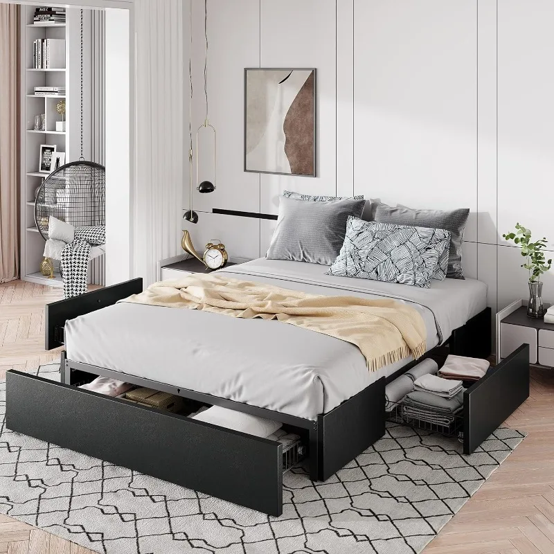 Queen Size Platform Bed Frame with 3 Storage Drawers, Faux Leather Upholstered, Wooden Slats Support, No Box Spring Needed