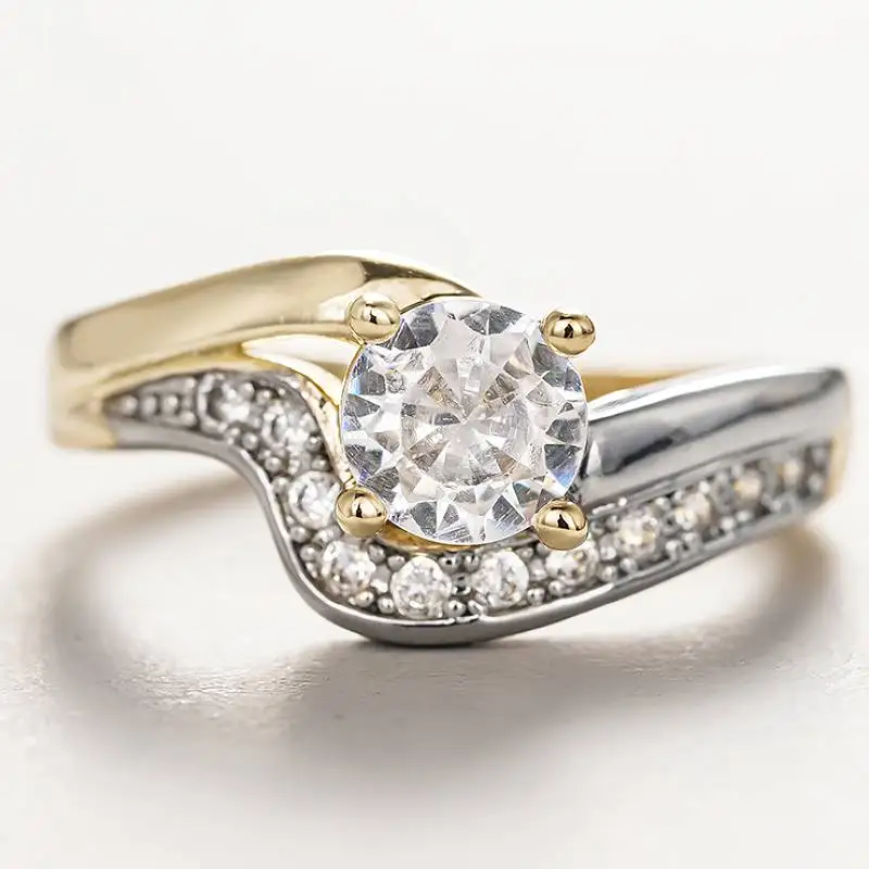 Huitan Damen-Ring im schlichten Stil, zweifarbig, mit heller, runder CZ-Einlage, modische Accessoires für Party, Alltag, vielseitiger, ausgefallener Damenschmuck