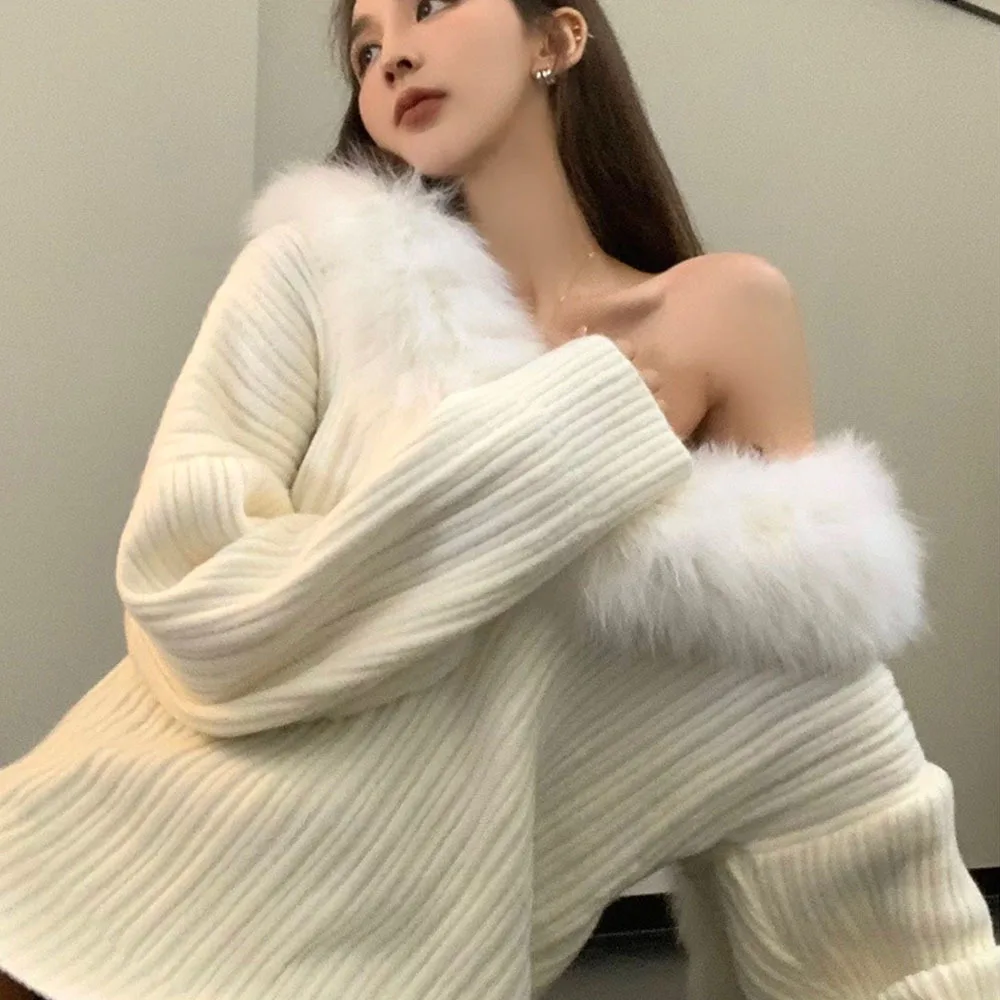 

Korean White Off Shoulder Sexy Sweater Women's Winter Loose Long Sleeve Pullovers Ladies Elegant Fur Splice Med-length Knitwears