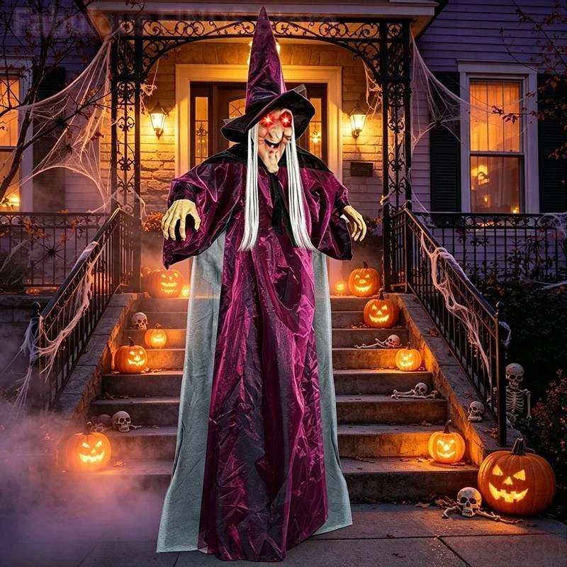 Strega parlante a grandezza naturale per Halloween, viola, da esterno, spaventosa, animatronica, controllata a voce, luminosa, che urla, decorazione
