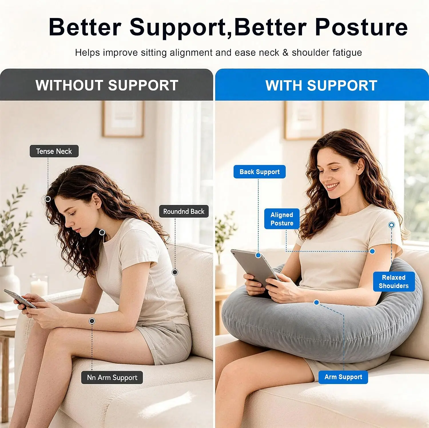 Gaming Pillow Ergonomic U-Shaped Arm Support Pillow with Elbow Rest for Sofa & Bed Relieves Arm Fatigue While Reading & Playing