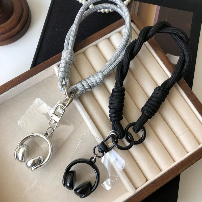 1PC Cordon de téléphone portable noir et argenté simulé, bracelet de poignet, sangle de téléphone mignonne avec cordon, sangle de téléphone, adapté aux téléphones universels