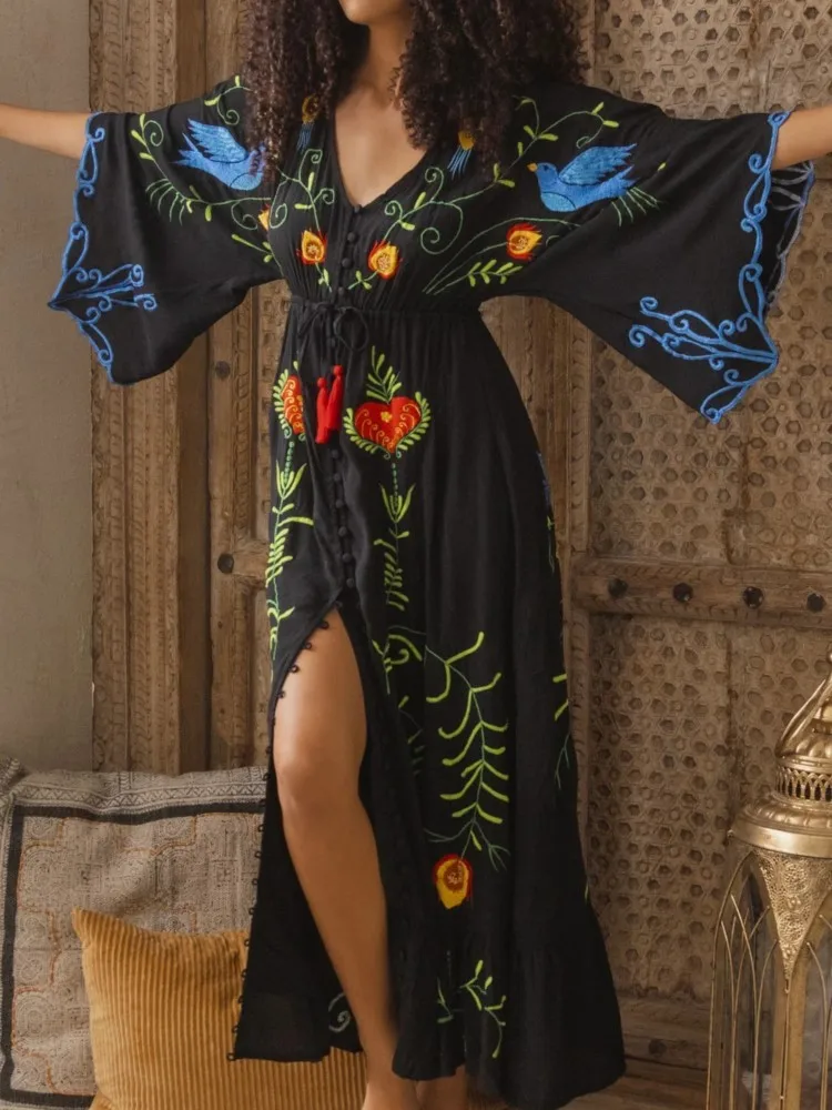 Floral Embroidered Women Maxi Dress Oversize V-Neck Batwing Sleeve Summer Dresses Drawstring Waist Boho Beach Vestidos 2025