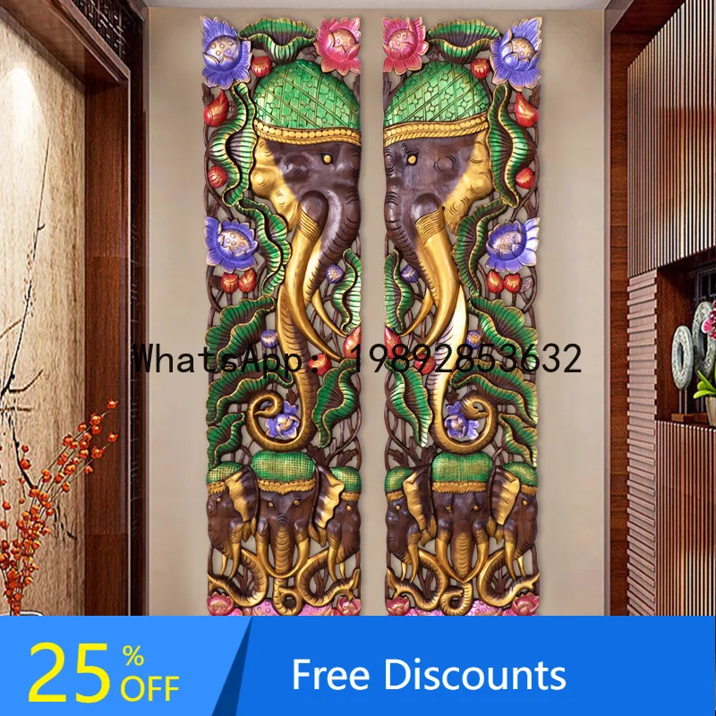 

Wood Carving Wall Decoration Wall Board Solid Wood Elephant Head Carving Living Room Background Wall Decorative Painting Relief