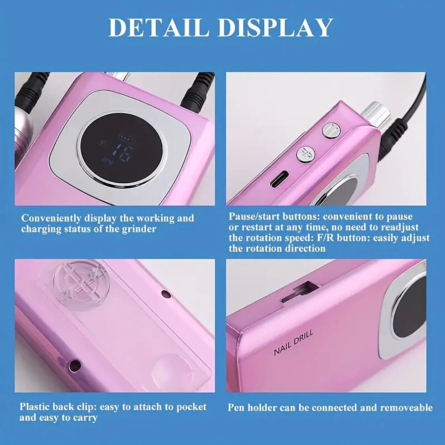 آلة مثقاب الأظافر الكهربائية المحمولة - قابلة لإعادة الشحن، شاشة LCD لطلاء الأظافر من الأكريليك والجل - معدات صالونات الأظافر #5