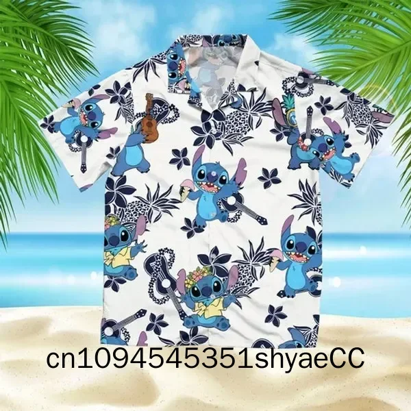 

Гавайские рубашки Miniso Stitch, рубашки для отпуска, мужские гавайские рубашки Disney, повседневная рубашка на пуговицах с короткими рукавами, винтажная футболка