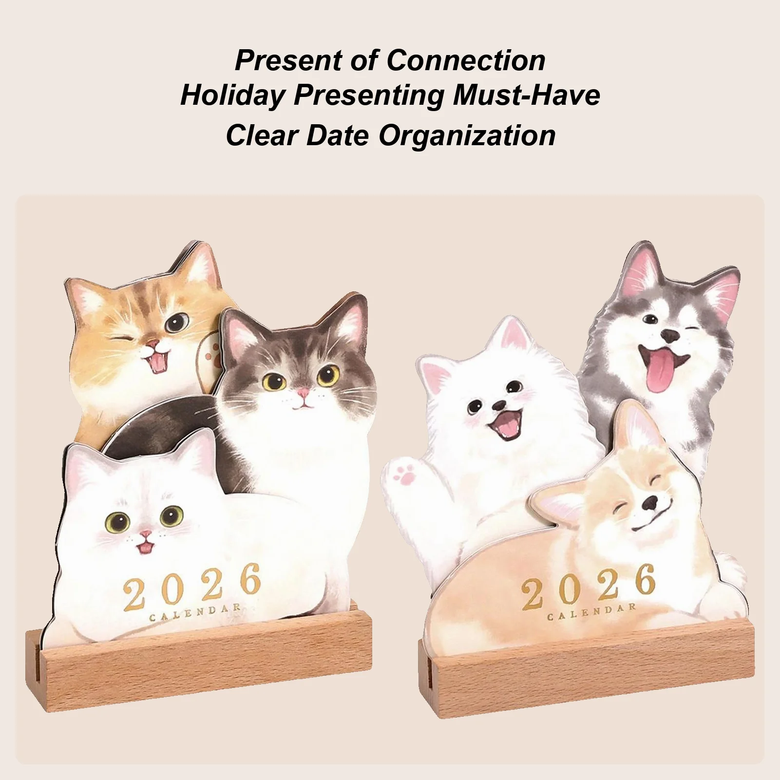 

2026 Cat And Dog Desktop Calendar Pet Theme 2D Calendar With Wooden Base Cartoon Dog And Kitten Multi-functional Plan Calendar