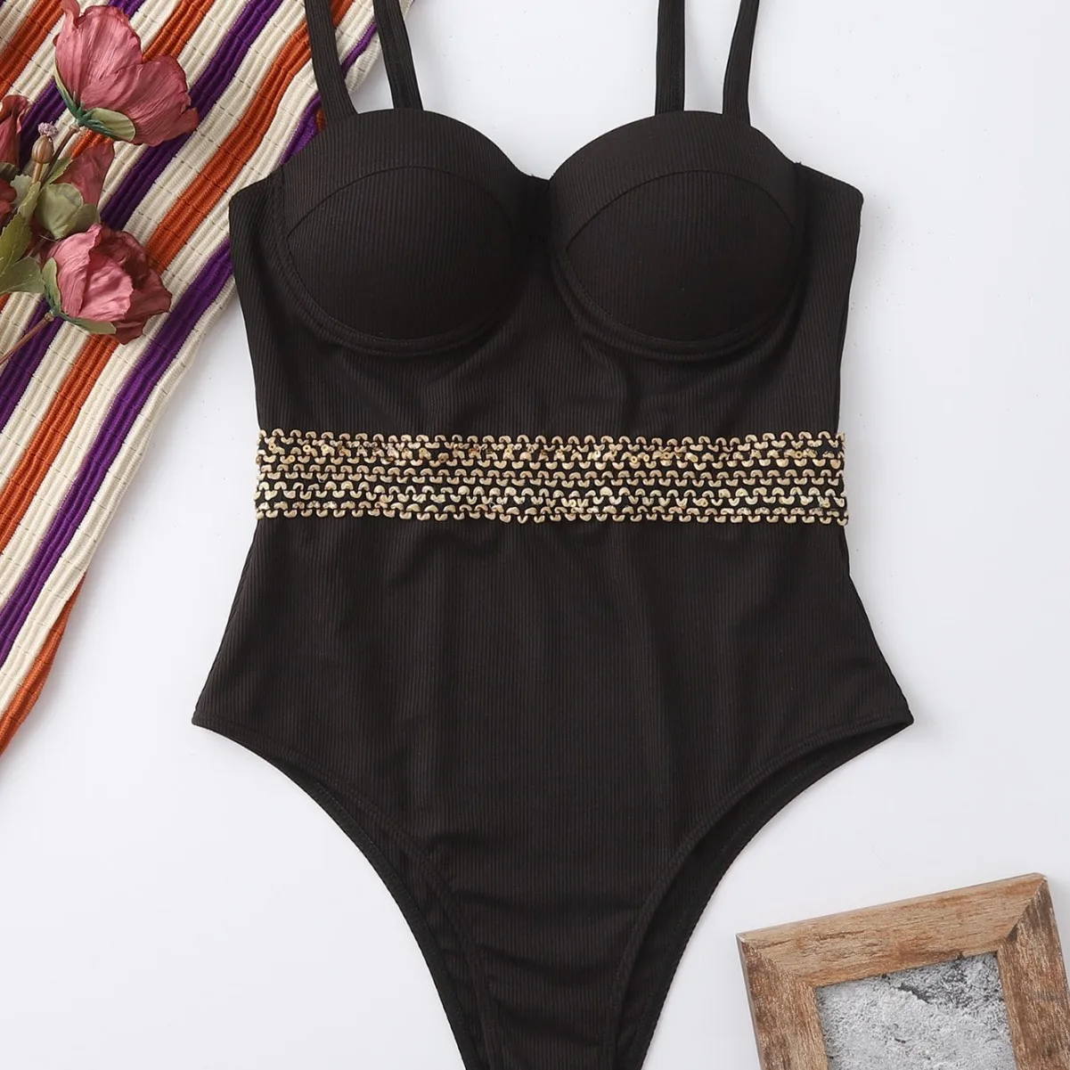 Sólido preto push up roupa de banho mulher 2025 uma peça sexy maiô verão controle barriga maiô praia cinto ouro natação wear