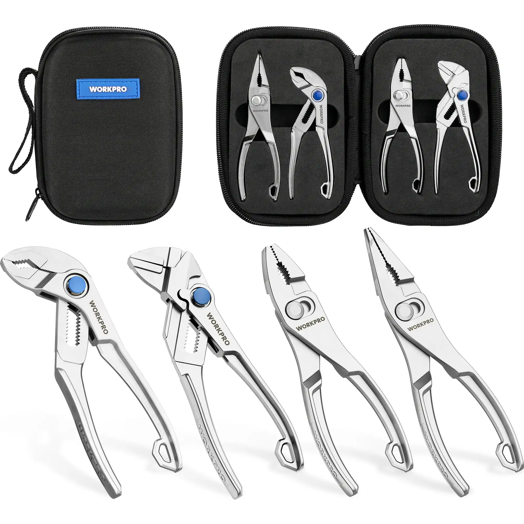 WORKPRO 4-Piece Mini Pliers Set with Pouch, EDC Pocket Tool Includes Plier Wrench, Water Pump & Long Nose Pliers,  Multi Tool