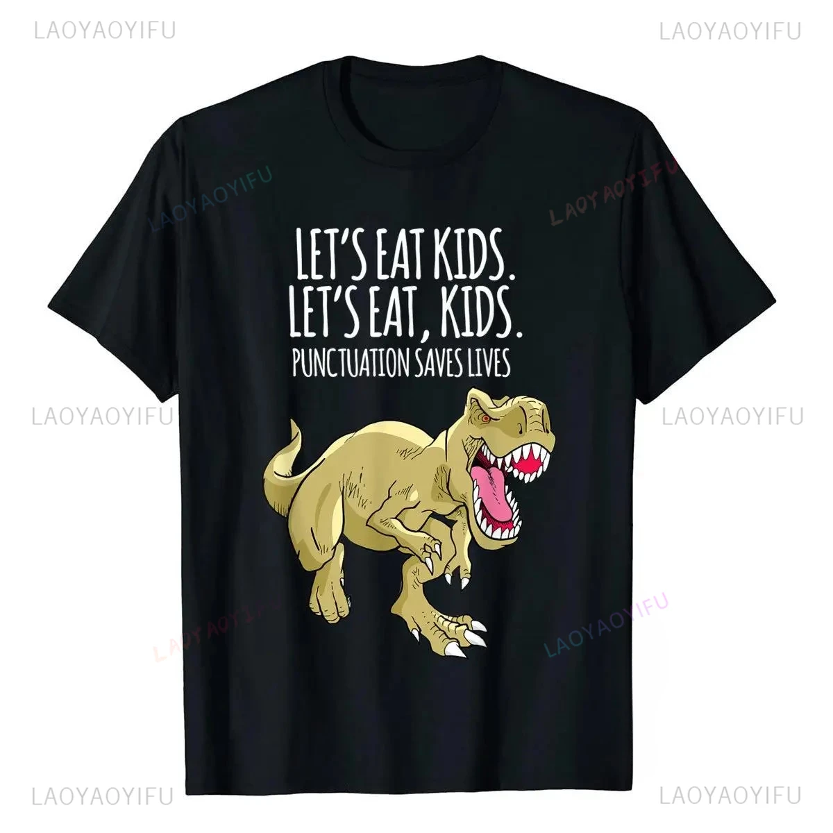 Lets Eat Kids Punctuation Saves Lives Grammar T T-Shirt Tops Funny O-neck Dinosaur Fashionable Print Simple Style Modal Men Tee