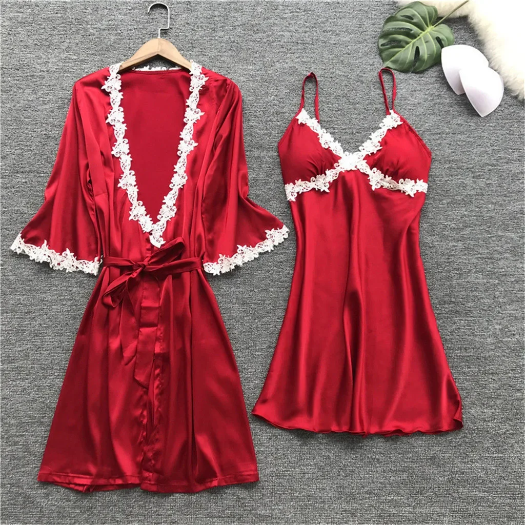 5pc Nightgown Robes Satin Lace Pajamas Set Intimate Lingerie Silky Sexy Women Sling Dress With Chest Pads Pijamas Sleepwear Suit