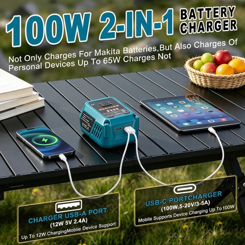 100W Fast Charging Station with USB Type-C Port for Makita/Dewalt/Milwaukee/Bosch 18V/20V Batteries Portable Power adapter