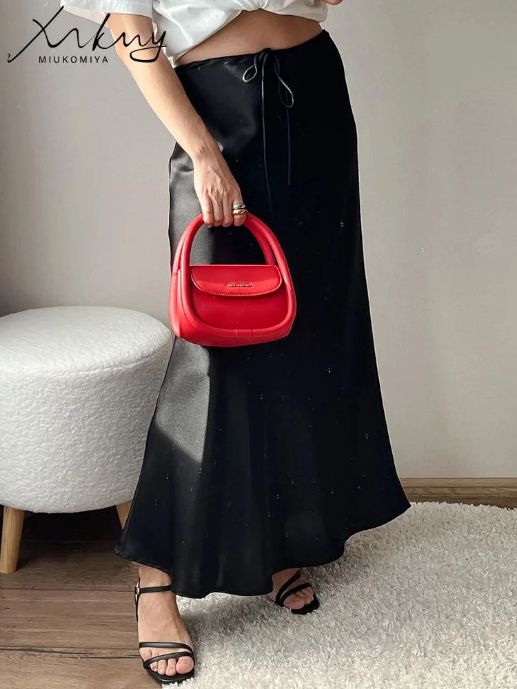 High Waist Long Satin Skirts For Women Spring 2024 Black High Quality Women's Drawstring Gray Satin Long Skirt Mermaid Beige